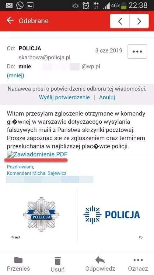 PrzykÅadowa faÅszywa wiadomoÅÄ  przesÅana przez oszustÃ³w podajÄcych siÄ za policjantÃ³w