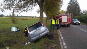 Tył samochodu osobowego, który uderzył w drzewo. Z lewej strony na polu porozrzucane części samochodowe. z Prawej strony z lewym pasie ruchu Samochód Straży Pożarnej i policjanci ubrani w żółte kamizelki odblaskowe.