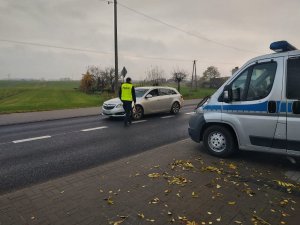 Fragment jezdni. Policjant podchodzi do samochodu, który będzie kontrolował. Z prawej strony widoczny zaparkowany na poboczu samochód policyjny typu furgon.