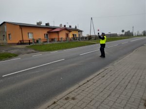 Policjant ruchu drogowego stoi na jezdni. Tarczą do zatrzymywania pojazdów daje znak do zatrzymania i wskazuje kierunek do zatrzymania pojazdu.