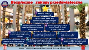 Kartka świąteczna, zawierająca ułożone w kształcie choinki dobre rady, abu bezpiecznie spędzić przedświąteczny czas.