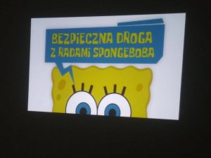 Screen quizu o bezpieczeństwie na drodze &quot;Bezpieczna droga z radami Spangeboba&quot;.