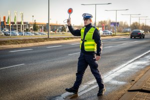 Policjant, który w ręku trzyma w ręku tarczę do zatrzymywania pojazdów, daje znak do zatrzymania.