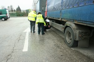 Policjant i inspektor ITD sprawdzają stan ogumienia pojazdu ciężarowego.