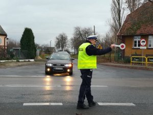 Skrzyżowanie dróg w miejscowości Cerekwica. na środku jezdni policjant ruchu drogowego, trzyma tarczę do zatrzymywania pojazdów i pokazuje nią miejsce, w którym na się zatrzymać nadjeżdżający pojazd.