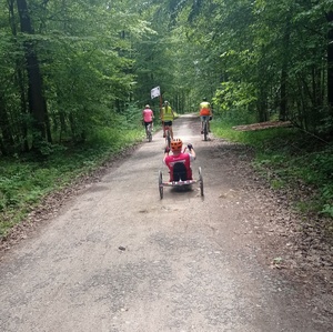 Dukt leśny, na którym widać osoby jadące na rowerach podczas rajdu.