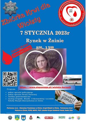 plakat informujący o zbiórce krwi, gdzie między innymi  zamieszczone  jest  zdjęcie Wiolety