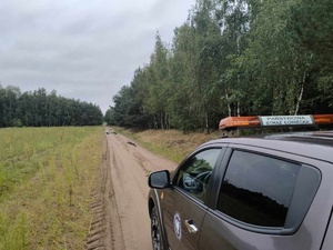 Z przodu i po prawej stronie las. Droga leśna piaszczysta. Na niej stoi pojazd Państwowej Straży Łowieckiej.